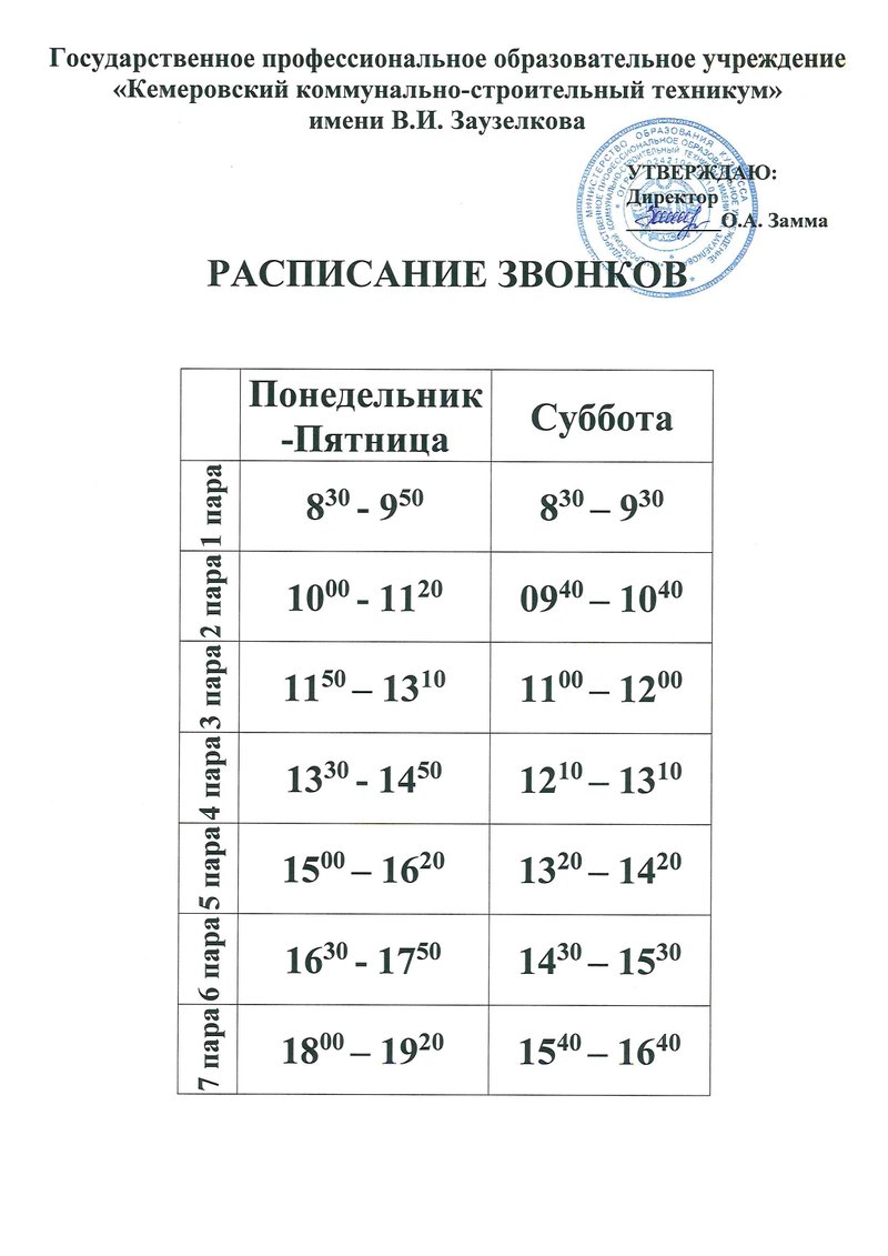 Расписание звонков